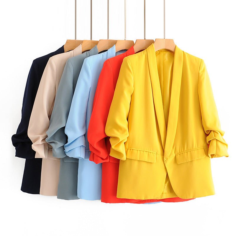 Ruched Sleeve Blazer | Three - Quarter Sleeve Longline Jacket (MS241) - Mariam's Collection