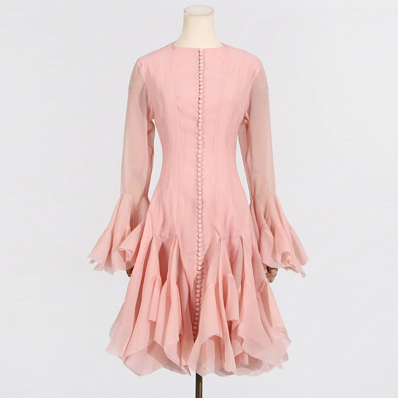 Ruffle Hem Dress with Sheer Sleeves(MS304) - Mariam's Collection