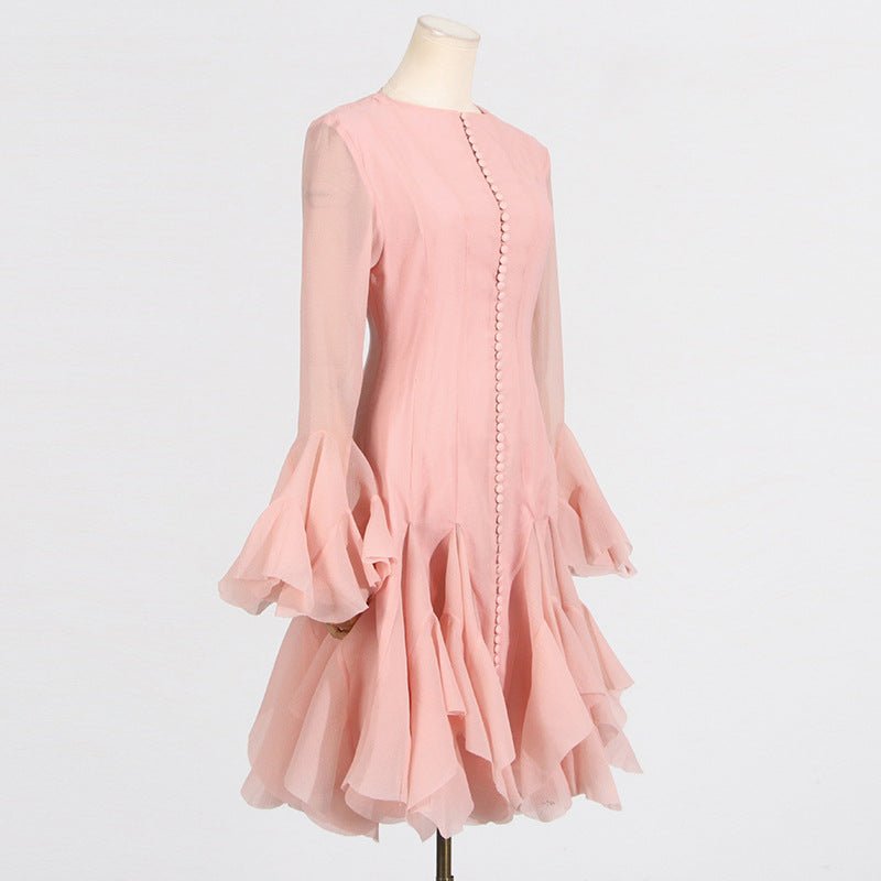 Ruffle Hem Dress with Sheer Sleeves(MS304) - Mariam's Collection