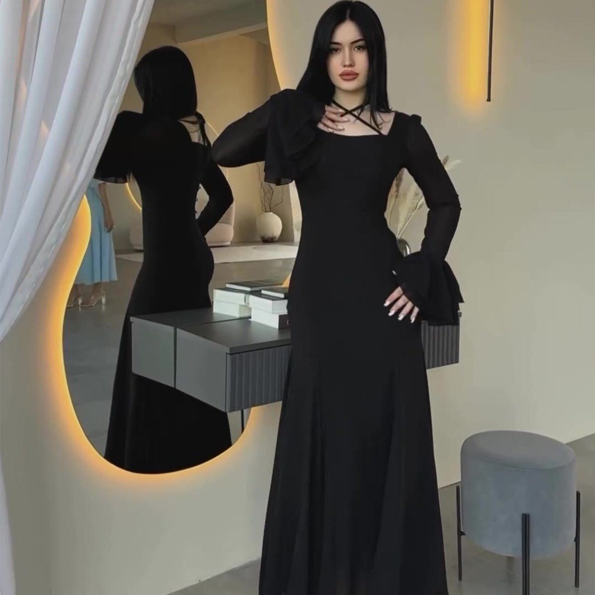 Ruffle Sleeve Dress with Crisscross Neckline(MS335) - Mariam's Collection