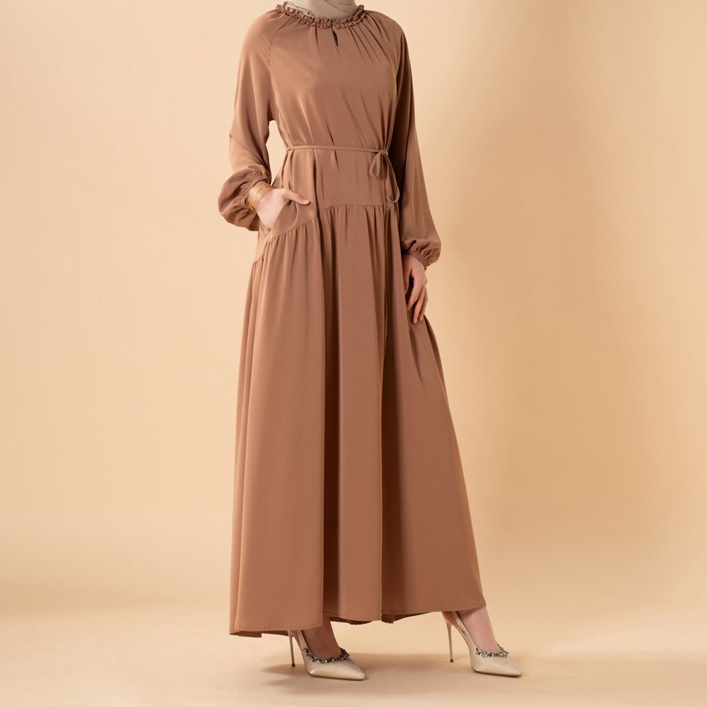 Ruffle Pleated Relaxed Abaya – Casual Pleated Abaya with Waist Tie