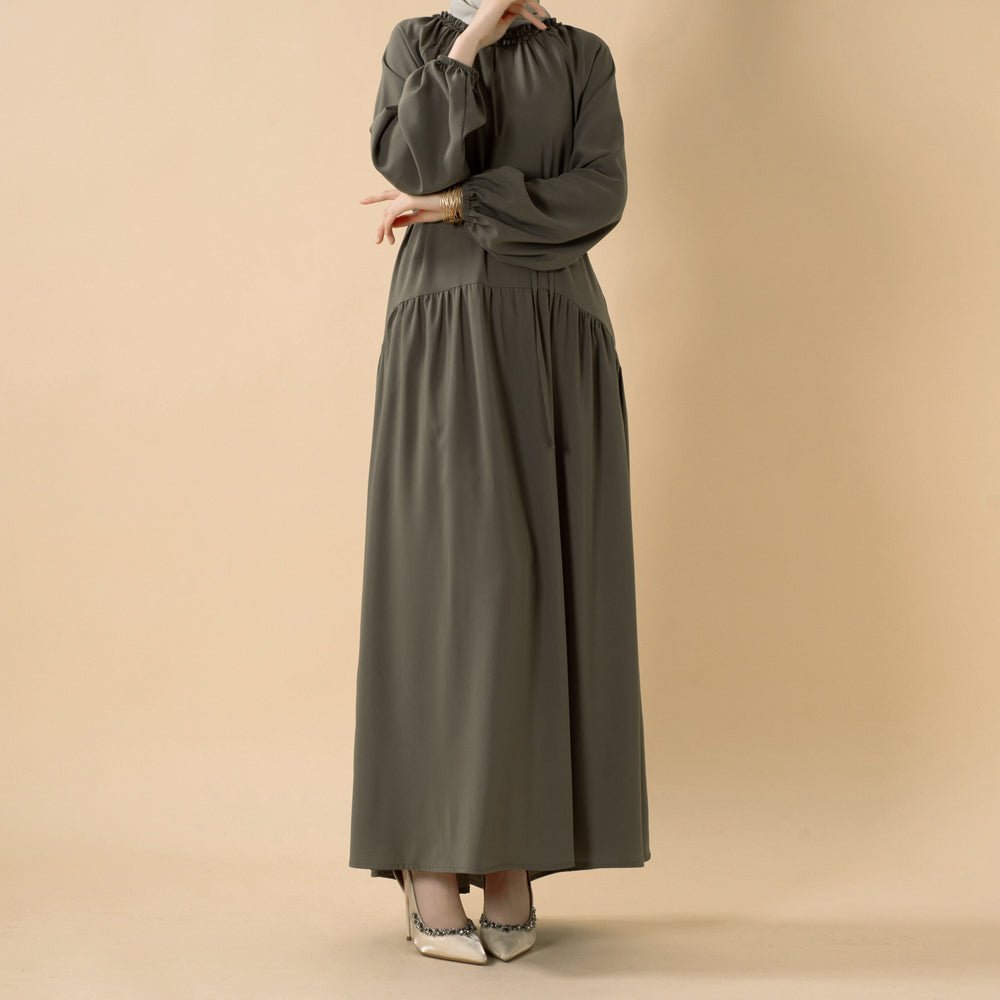 Ruffle Trim Pleated Relaxed Maxi Dress with Waist Tie(MA424) - Mariam's Collection