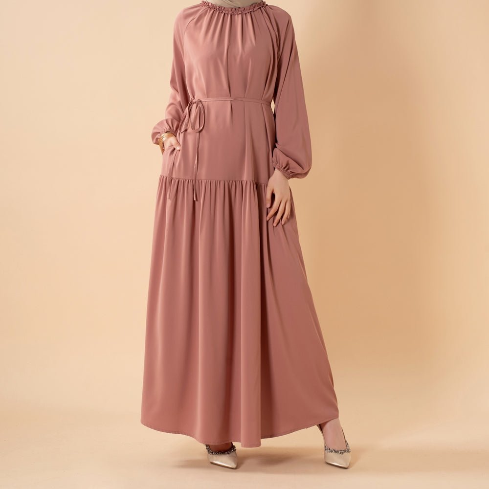 Ruffle Pleated Relaxed Abaya – Casual Pleated Abaya with Waist Tie