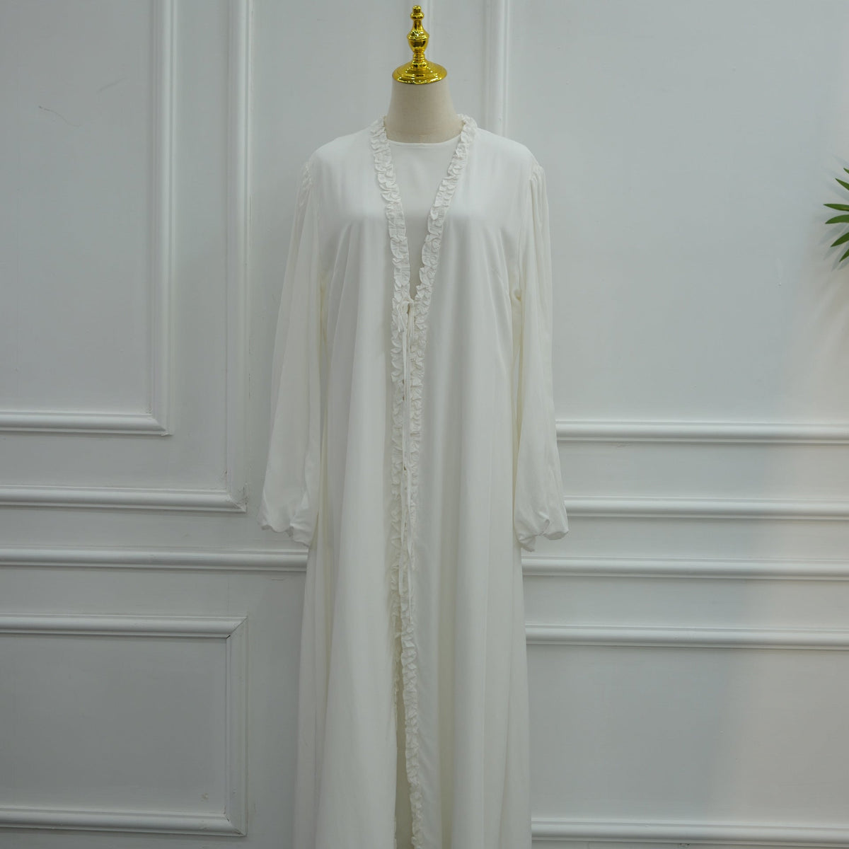 Ruffle-Trim Tie-Front Open Abaya | Lined Balloon-Sleeve Maxi Cardigan(MOA358) - Mariam's Collection
