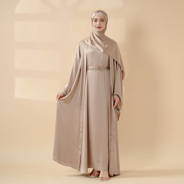 Satin Abaya With Matching Belt Made Of Diamond Tassel (MOA010) - Mariam's Collection