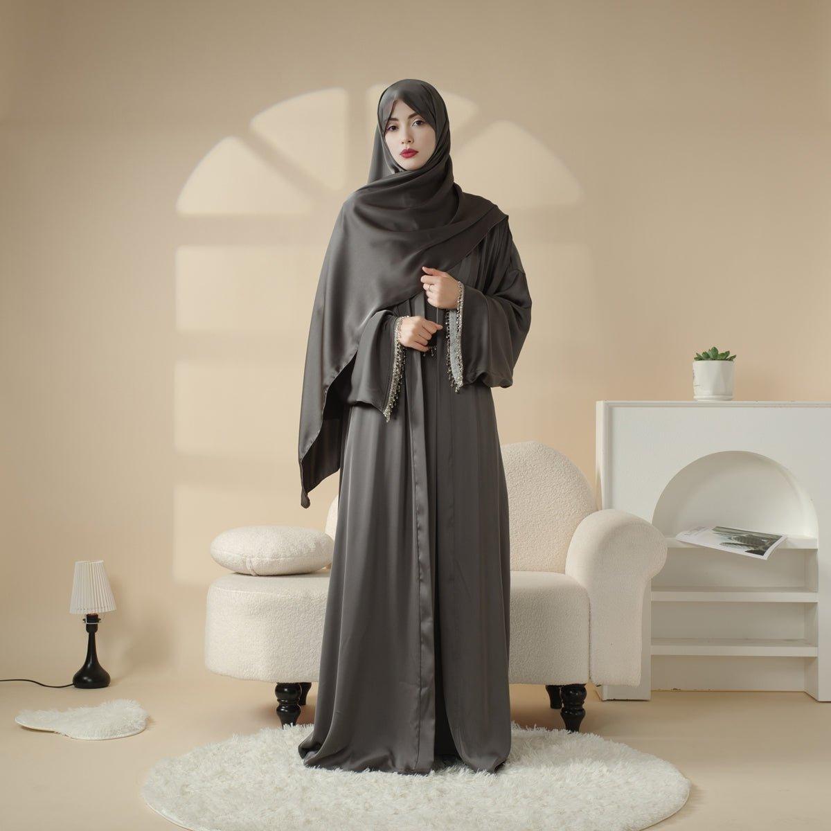 Satin Abaya With Matching Belt Made Of Diamond Tassel (MOA010) - Mariam's Collection