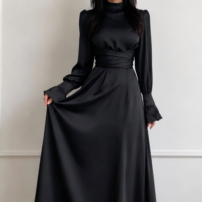 Satin Cross-Wrap Waist Maxi Dress(MS506) - Mariam's Collection