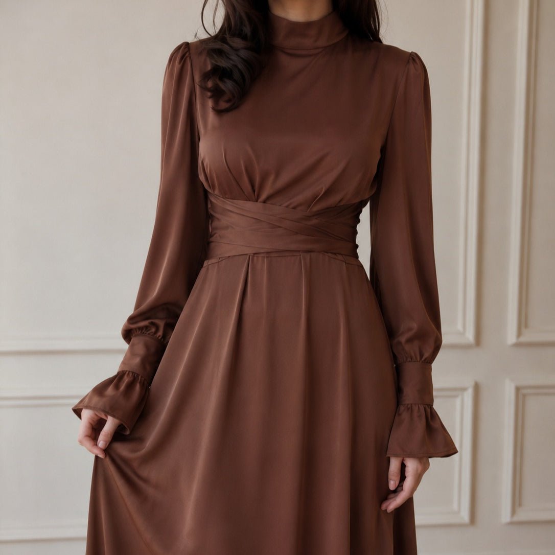 Satin Cross-Wrap Waist Maxi Dress(MS506) - Mariam's Collection