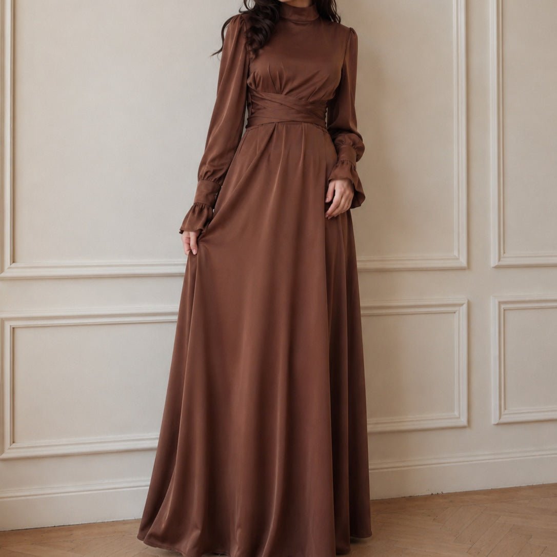 Satin Cross-Wrap Waist Maxi Dress(MS506) - Mariam's Collection