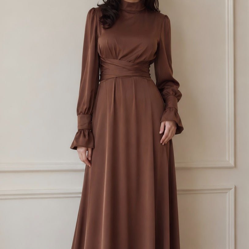 Satin Cross-Wrap Waist Maxi Dress(MS506) - Mariam's Collection