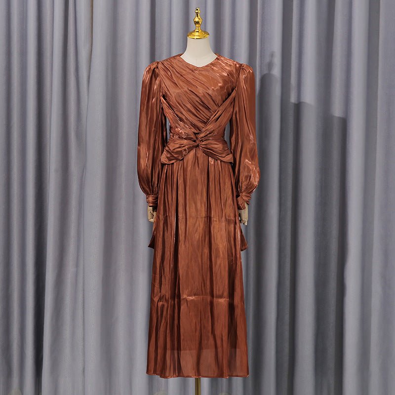 Satin Diagonal Pleat Dress with Bow Waist(MS324) - Mariam's Collection