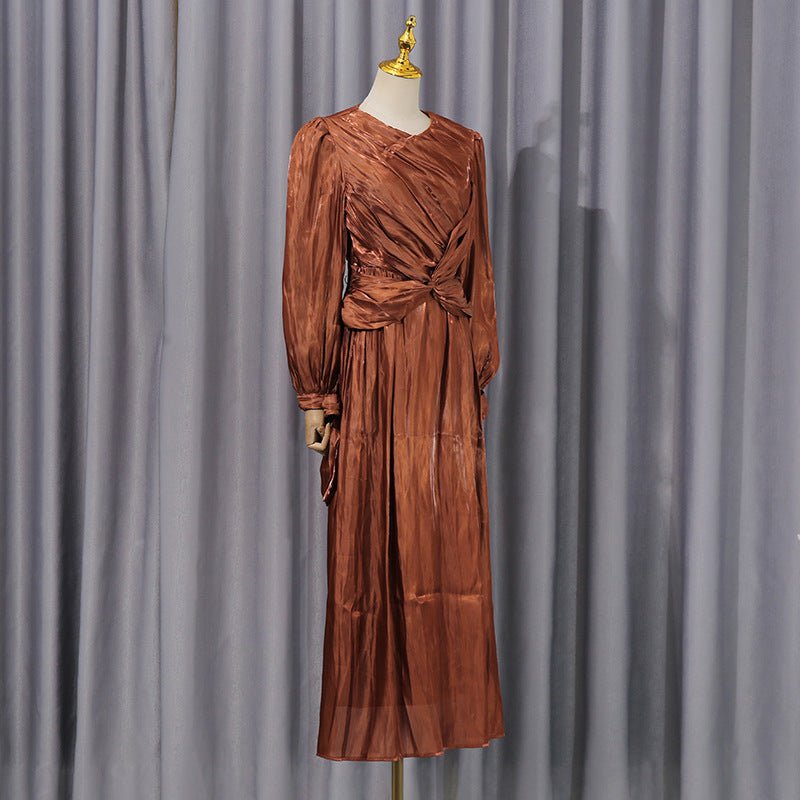 Satin Diagonal Pleat Dress with Bow Waist(MS324) - Mariam's Collection