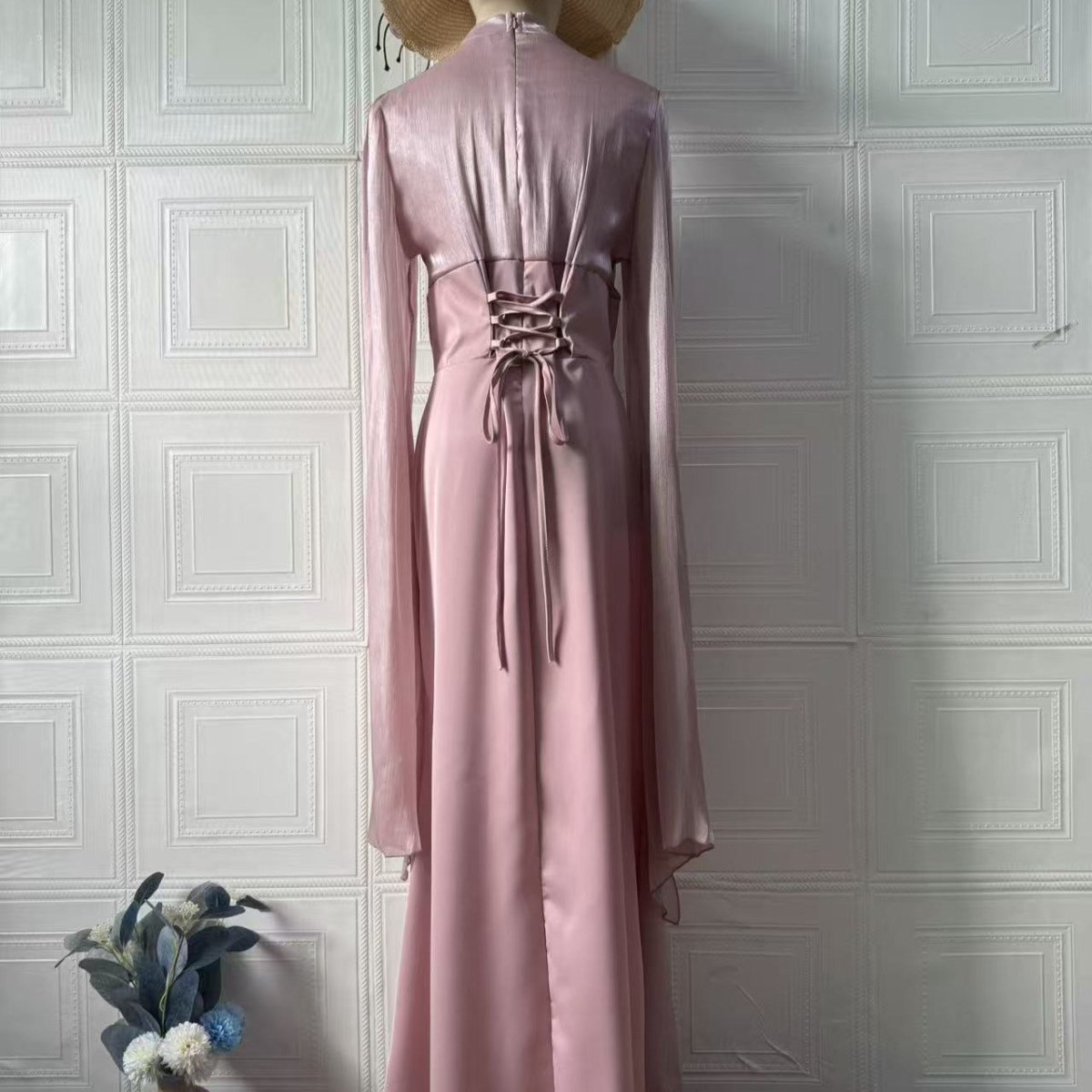 Satin Dress with Corset Back & Cape Sleeves(MS344) - Mariam's Collection