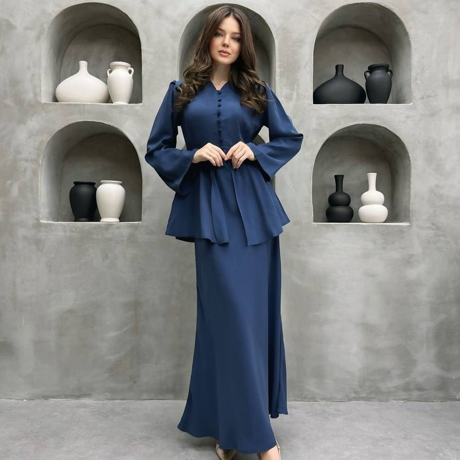 Satin Peplum Top & Skirt Set | Bell Sleeve Two - Piece Outfit(MS229) - Mariam's Collection