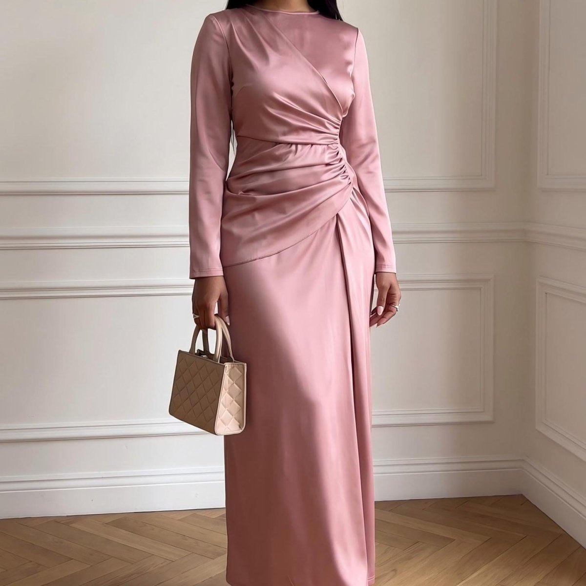 Satin Ruched Waist Long Sleeve Maxi Dress(MS497) - Mariam's Collection