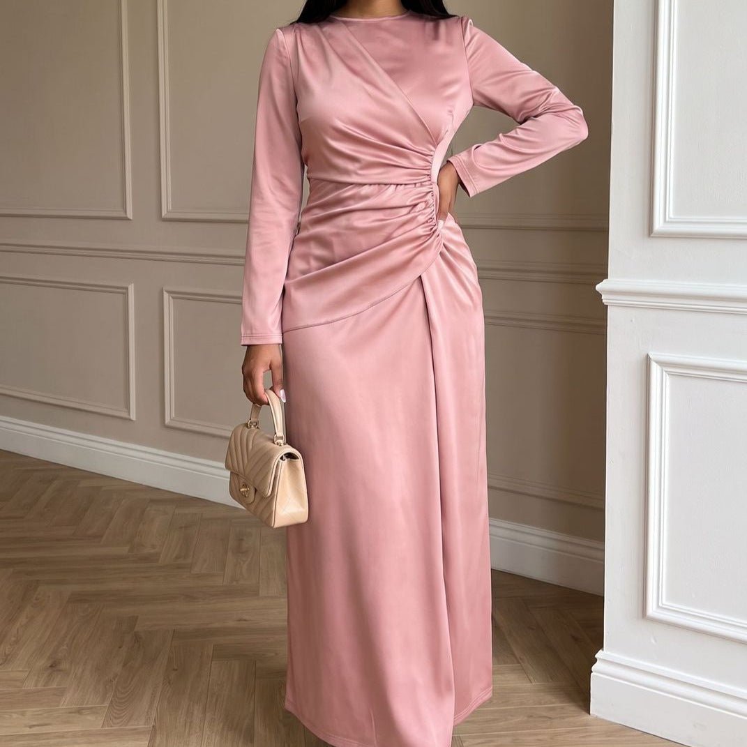 Satin Ruched Waist Long Sleeve Maxi Dress(MS497) - Mariam's Collection