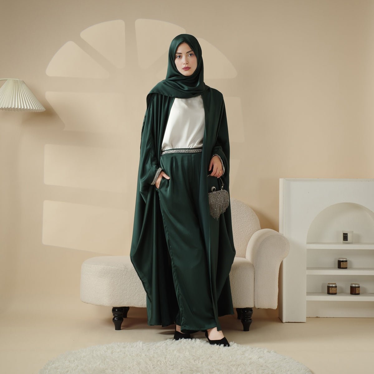 Abaya With Satin Shirt And Rhinestone Trousers | 4-Piece Set Abaya