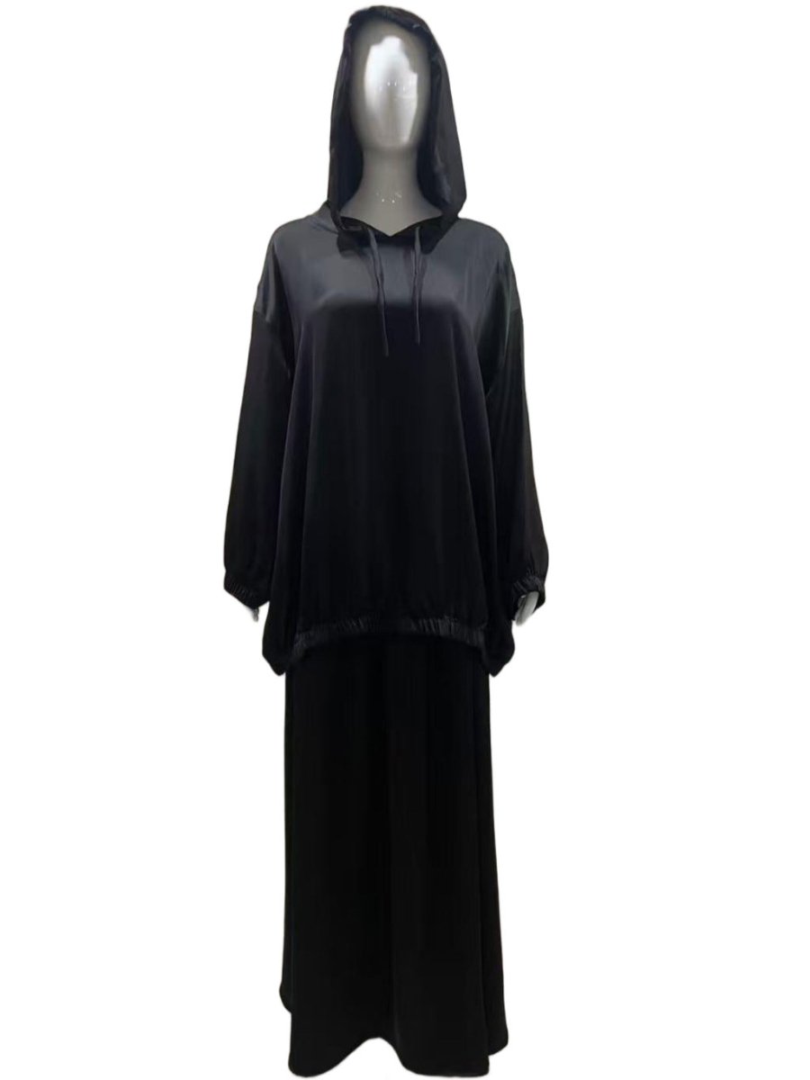 Overhead flat lay of satin two-piece set showing top and skirt together