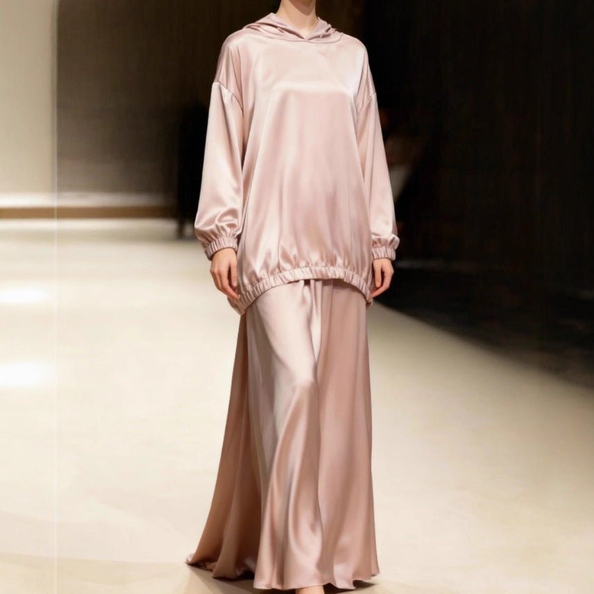 Satin Two-Piece Set Hooded Top & Maxi Skirt – Modest Satin Co-ord
