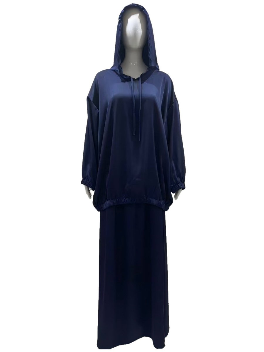 Full-length front view of modest satin co-ord set in neutral tone