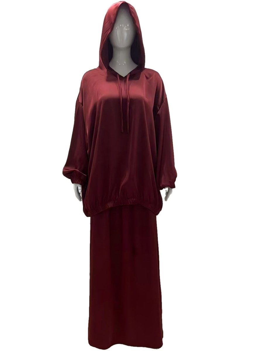 Hooded top detail with attached hood for modest casual coverage