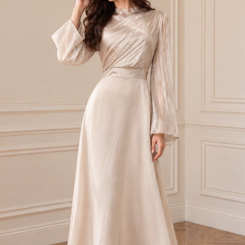 Semi-Sheer Sleeve Waist-Defined Maxi Dress | Elegant A-Line Occasion Gown(MS575) - Mariam's Collection