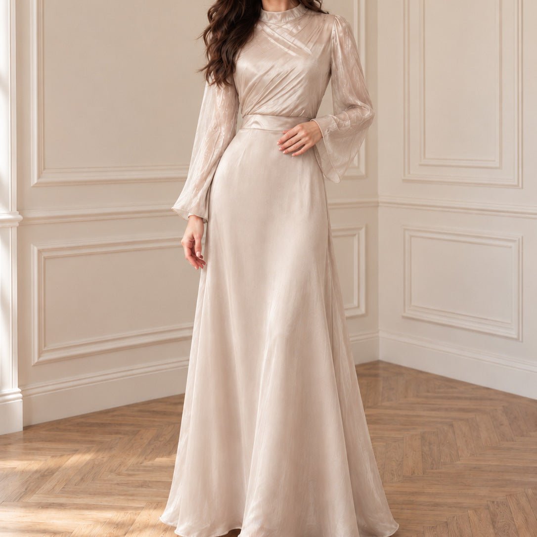 Semi-Sheer Sleeve Waist-Defined Maxi Dress | Elegant A-Line Occasion Gown(MS575) - Mariam's Collection