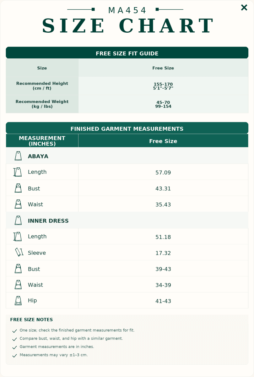 Size chart reference for sequin embroidered abaya