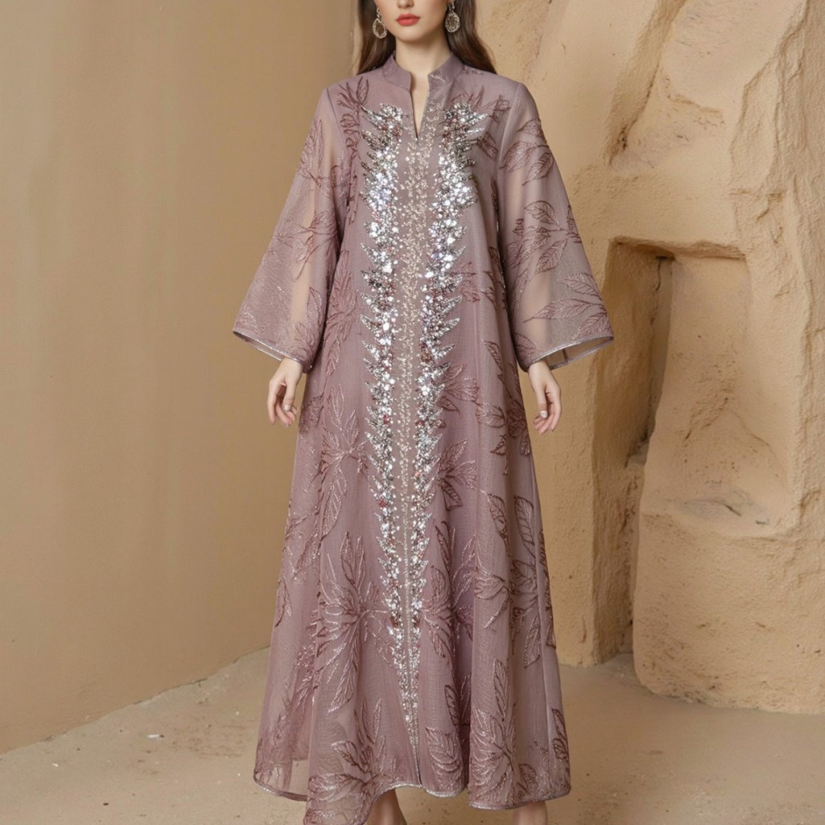 Apricot sequin abaya with elegant mandarin collar and flowing skirt