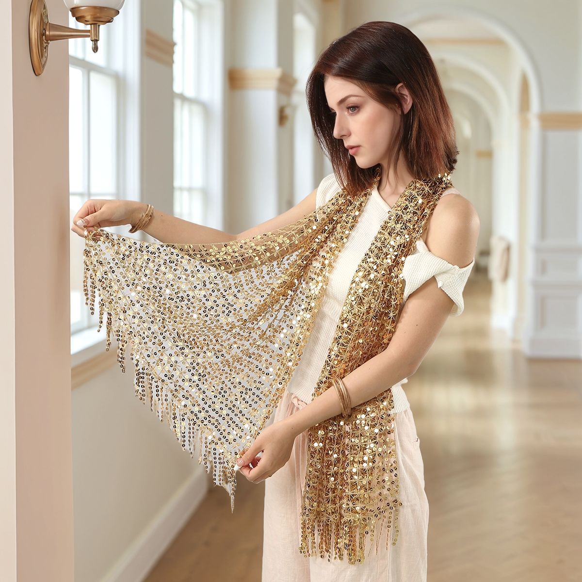 Sequin Mesh Shawl Hijab with Fringe(MH206) - Mariam's Collection