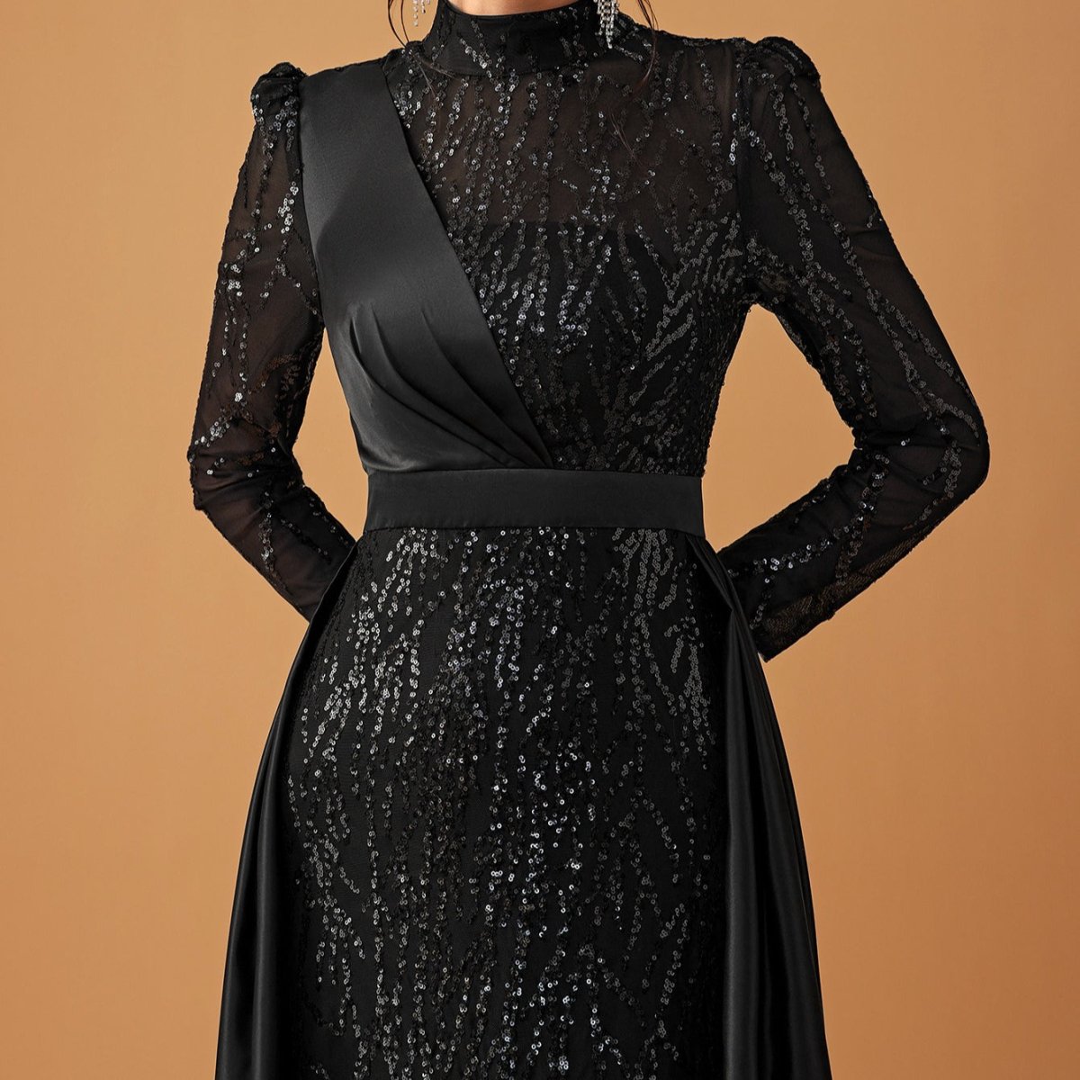 Sequin & Satin Cape Gown | High Neck Evening Dress(MA347) - Mariam's Collection