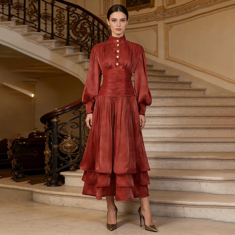 Shimmer Tiered Ruffle Dress with Pearl Buttons(MS322) - Mariam's Collection