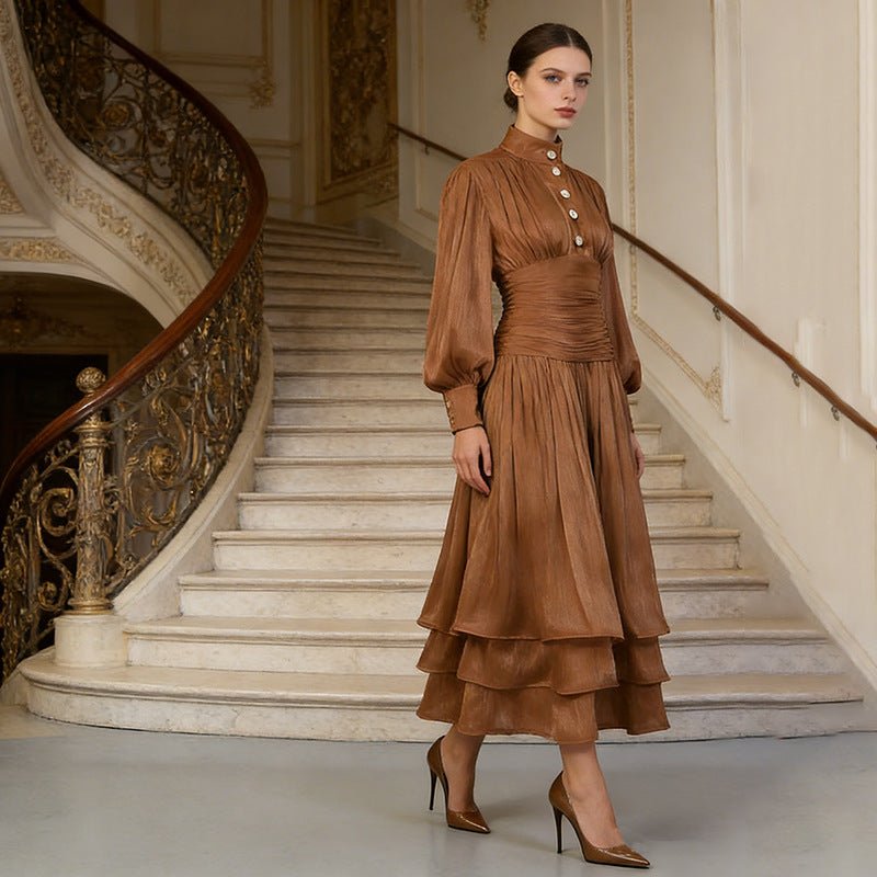 Shimmer Tiered Ruffle Dress with Pearl Buttons(MS322) - Mariam's Collection