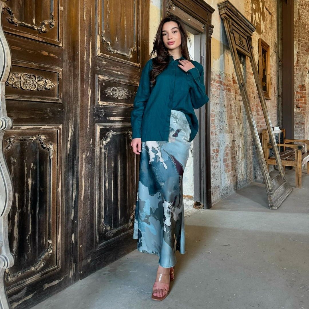 Shirt & Abstract Print Skirt Set | Collared Blouse Two - Piece Outfit(MS260) - Mariam's Collection