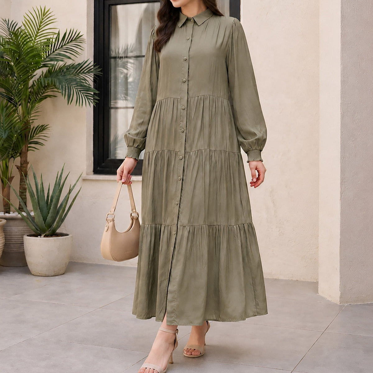 Styled view of button-down modest dress with waist belt