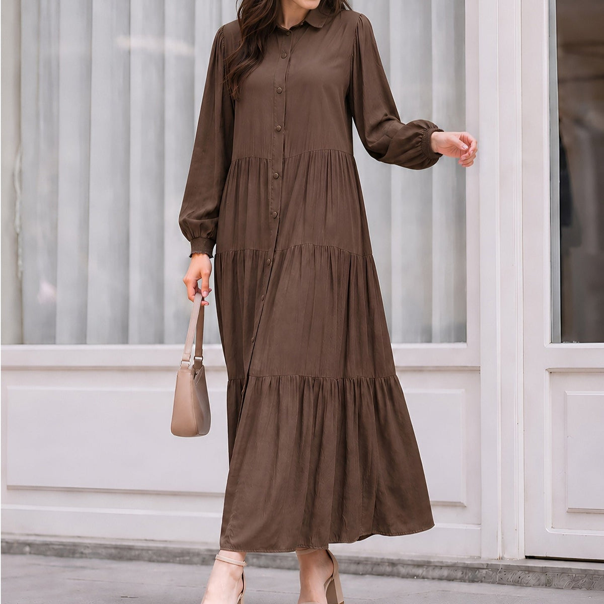 Drawstring bow tie waist detail on tiered maxi dress