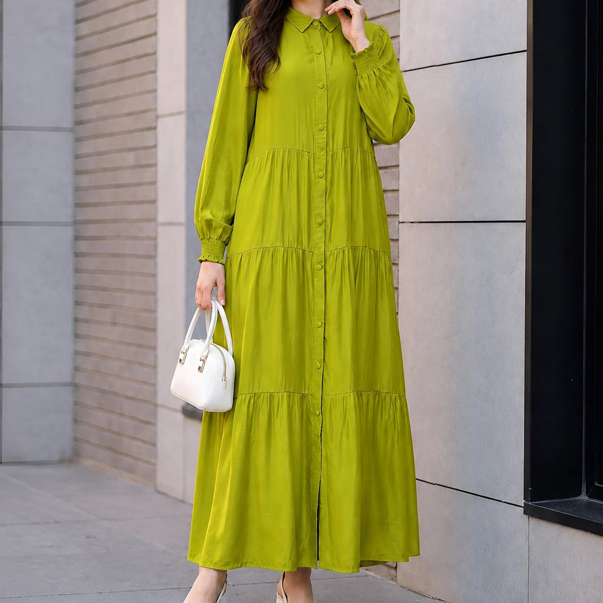 Elasticated gathered cuff at wrist on long sleeve modest dress