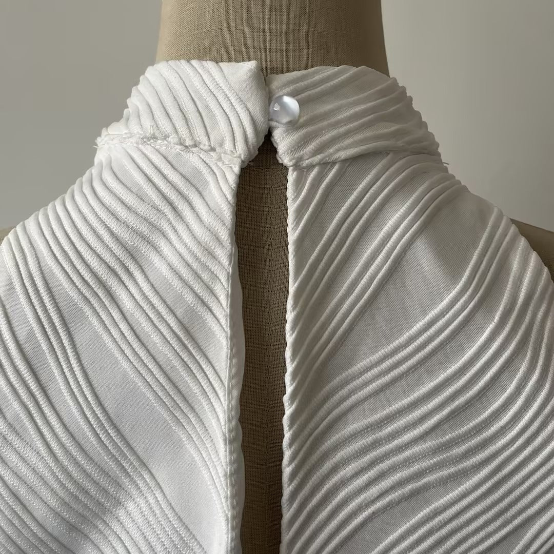 Ruched hip panel detail on white stretch jersey and chiffon maxi dress