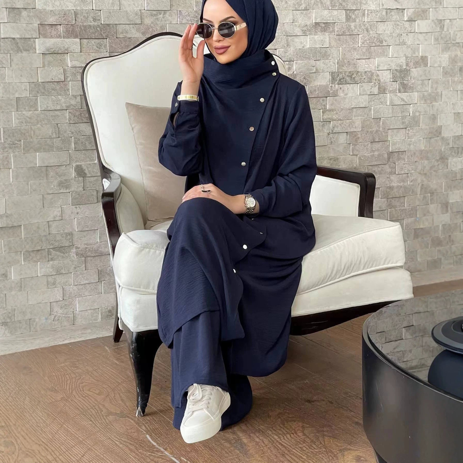 Snap Button Long Tunic & Wide-Leg Trousers Two-Piece Co-ord Set(MS508) - Mariam's Collection