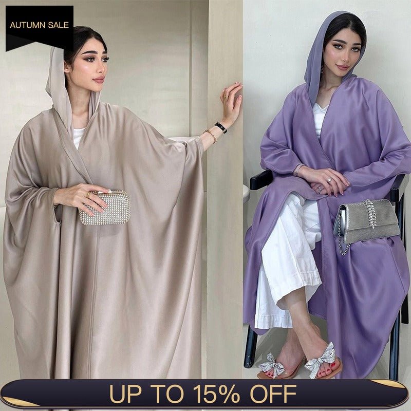 Soft Forged Bat Sleeve Abaya Robe | V - Neck Satin Cardigan Dress(MOA224) - Mariam's Collection