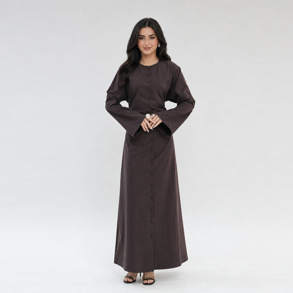 Solid Button-Front Maxi Dress | Adjustable Tie-Back Cardigan Dress(MS571) - Mariam's Collection