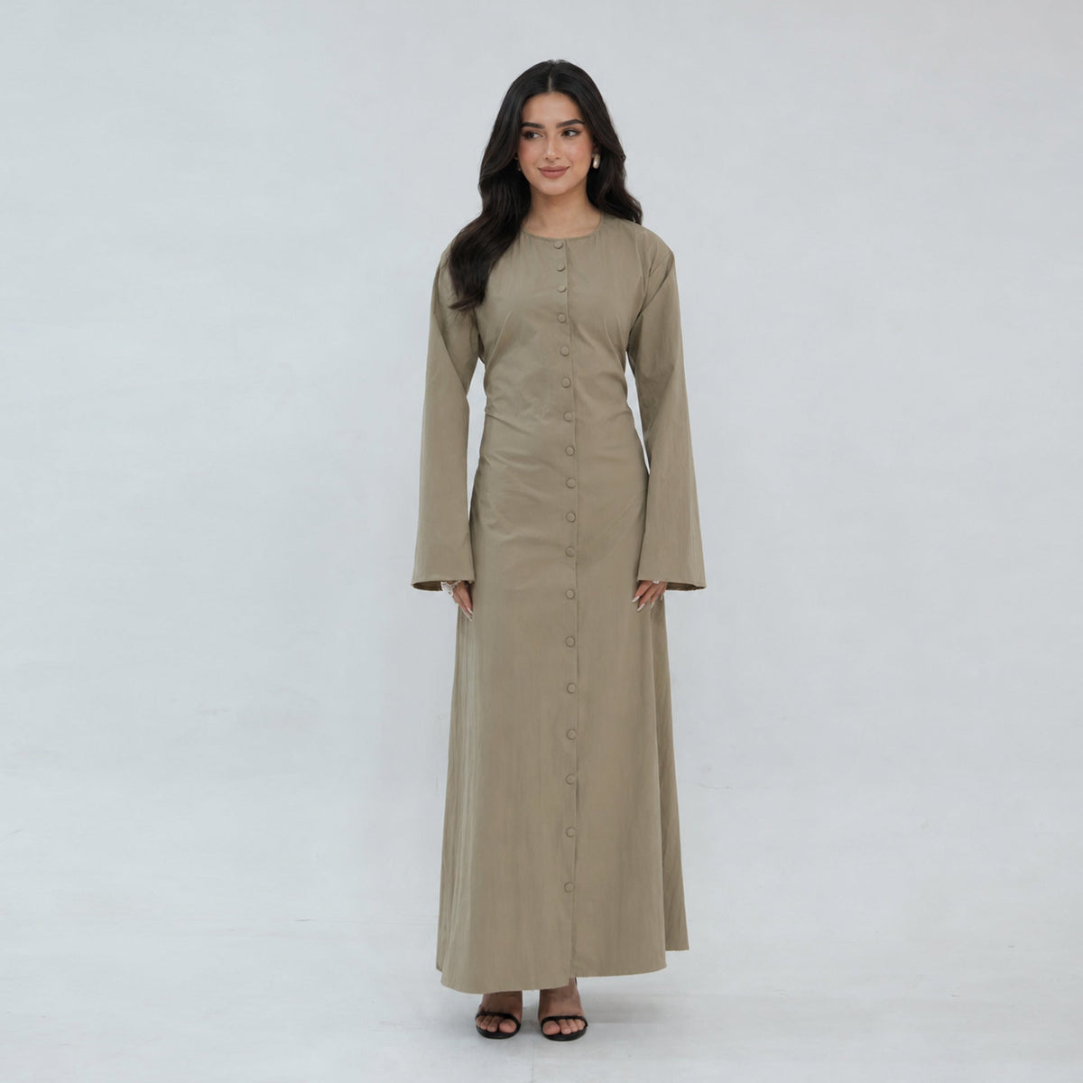 Solid Button-Front Maxi Dress | Adjustable Tie-Back Cardigan Dress(MS571) - Mariam's Collection