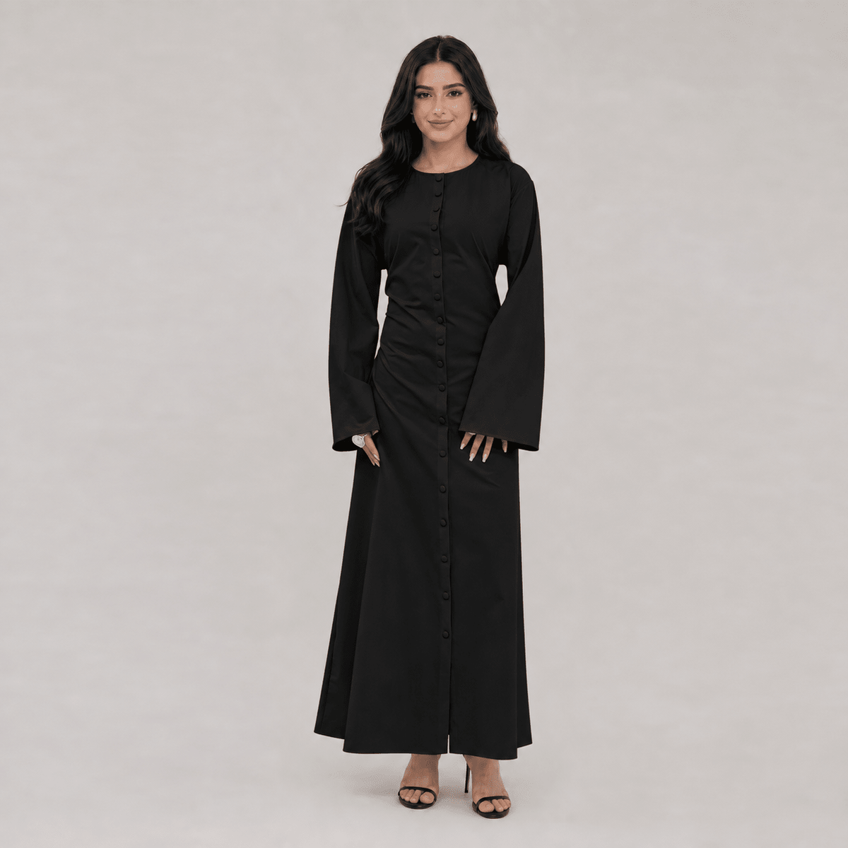 Solid Button-Front Maxi Dress | Adjustable Tie-Back Cardigan Dress(MS571) - Mariam's Collection