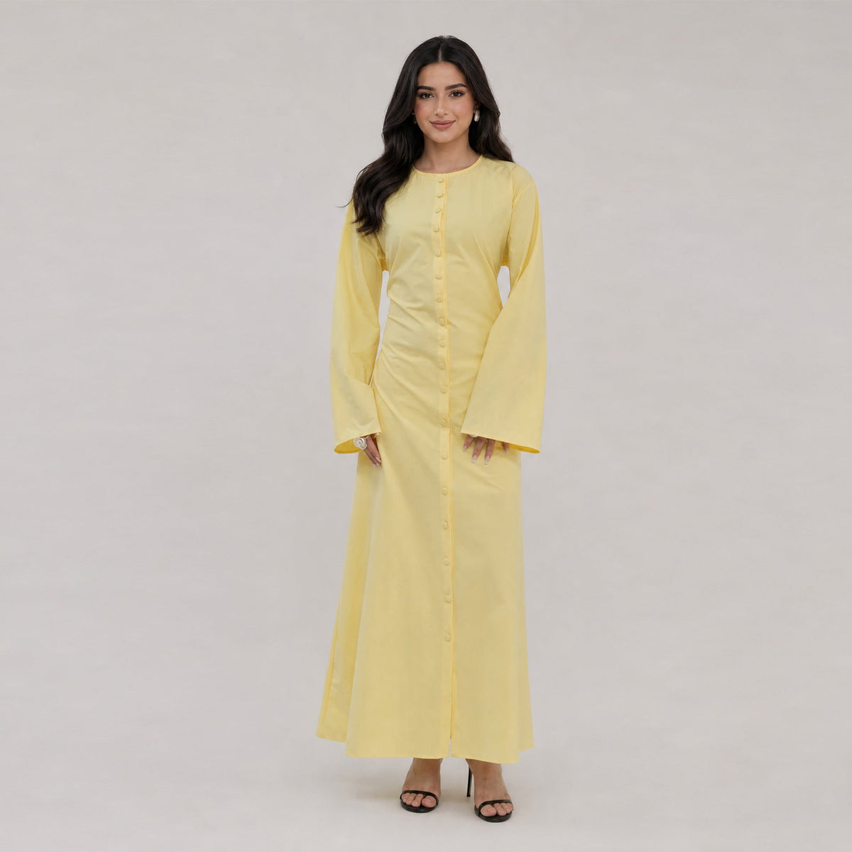 Solid Button-Front Maxi Dress | Adjustable Tie-Back Cardigan Dress(MS571) - Mariam's Collection