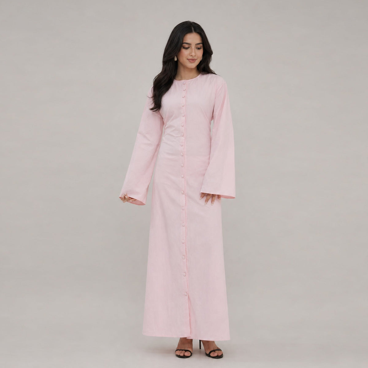 Solid Button-Front Maxi Dress | Adjustable Tie-Back Cardigan Dress(MS571) - Mariam's Collection