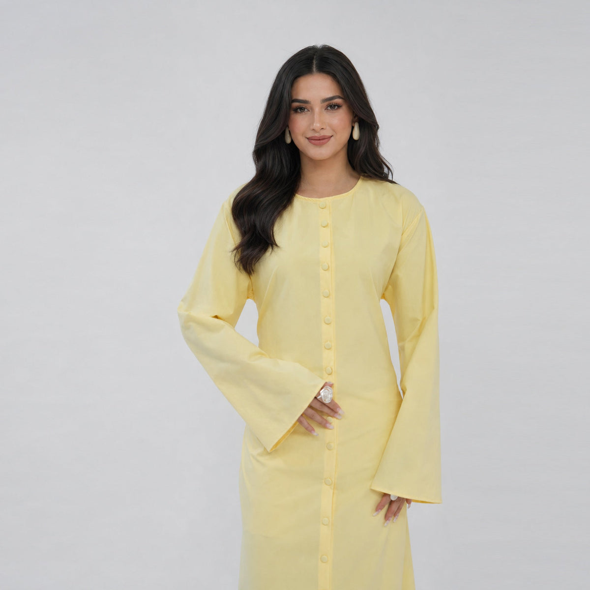 Solid Button-Front Maxi Dress | Adjustable Tie-Back Cardigan Dress(MS571) - Mariam's Collection