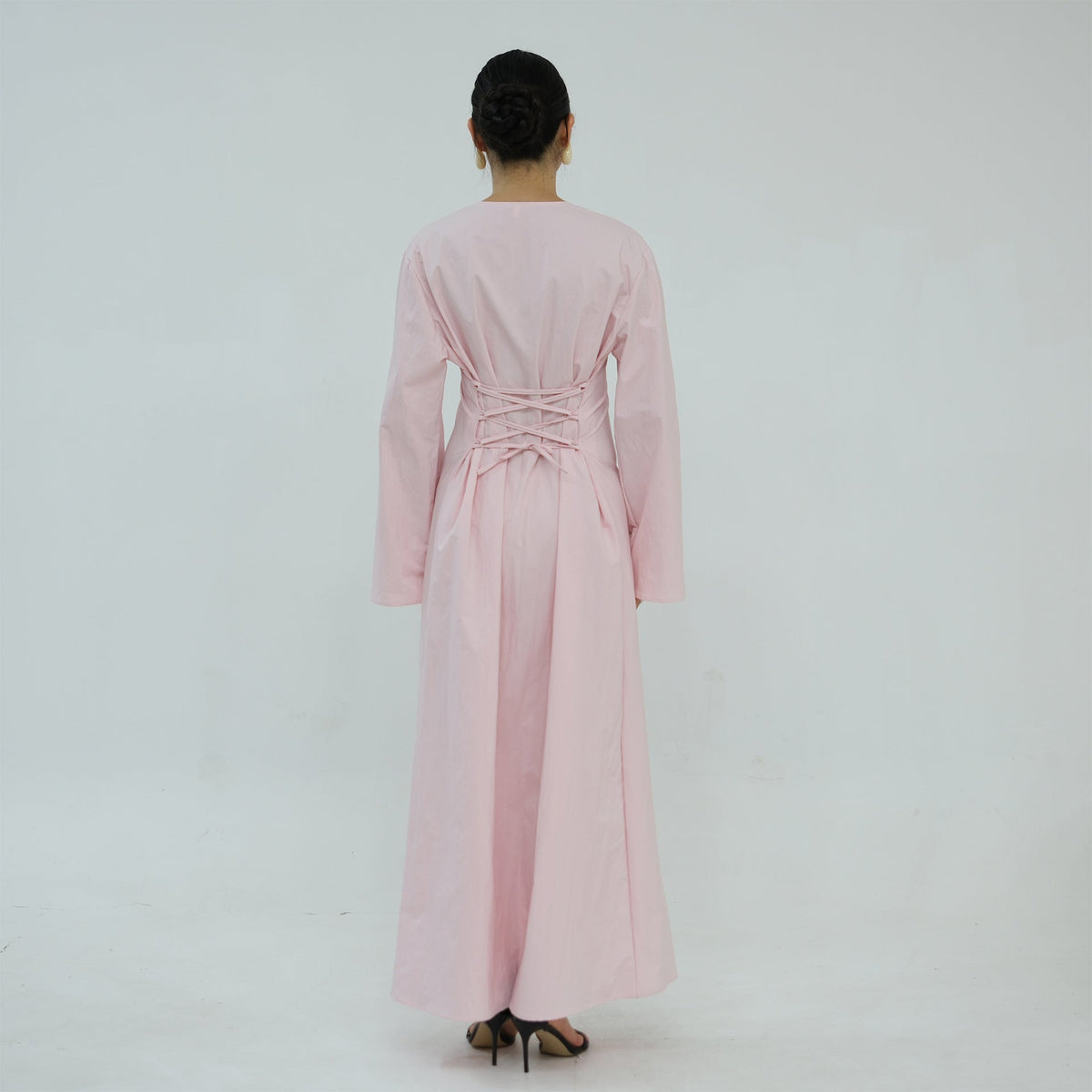 Solid Button-Front Maxi Dress | Adjustable Tie-Back Cardigan Dress(MS571) - Mariam's Collection