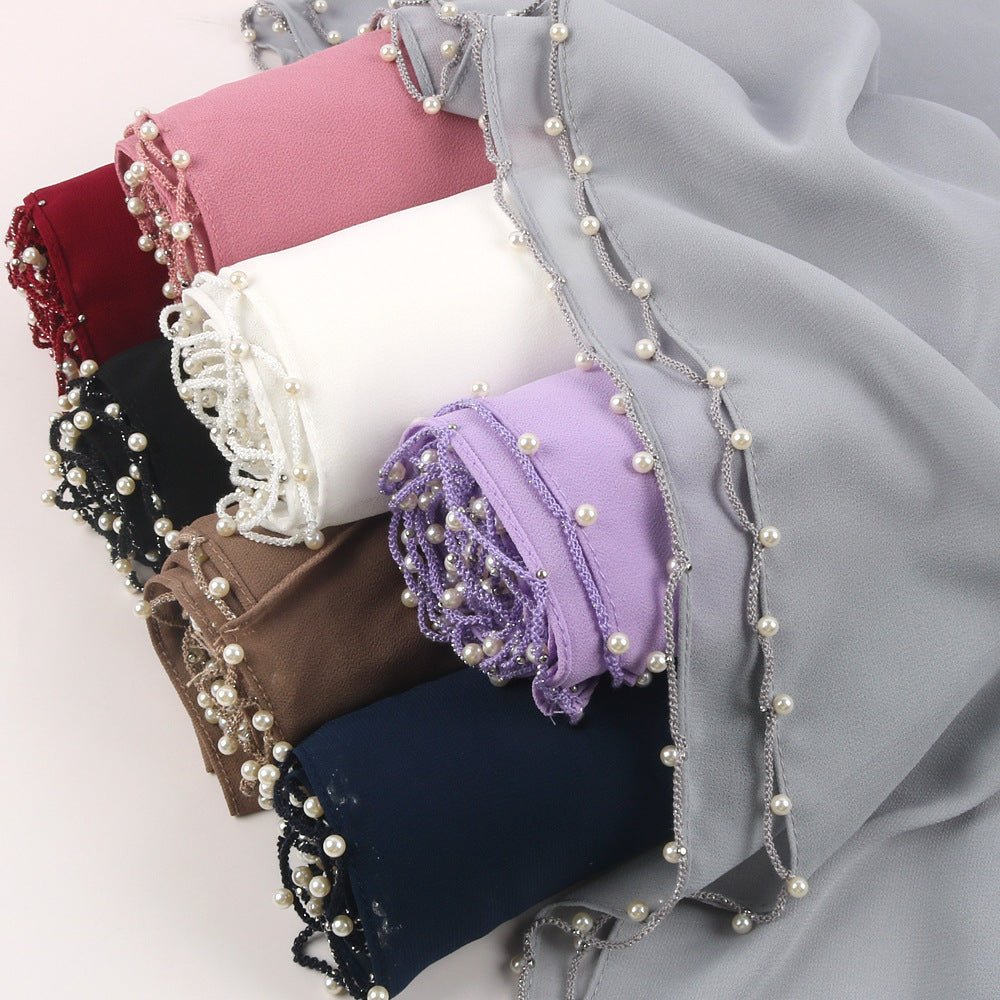 Solid Chiffon Hijab with Delicate Beaded Edging Pearl - Embellished Wave (MH139) - Mariam's Collection
