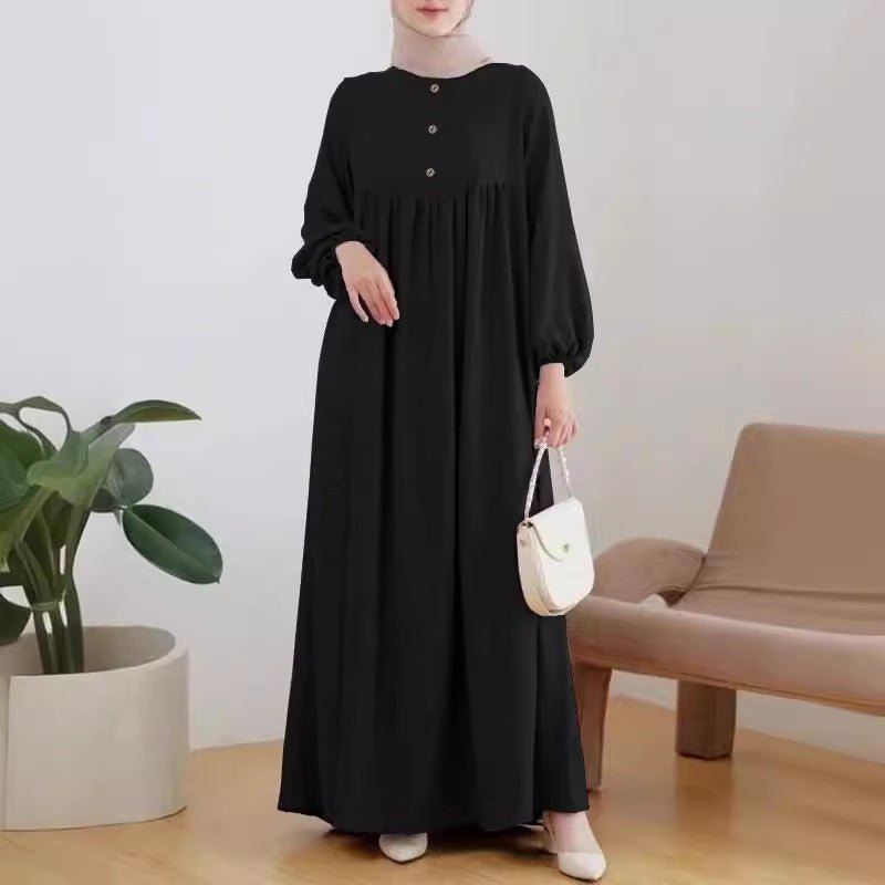 Solid Color Bubble Sleeve with Button Casual & Elegant Long Maxi Dress Abaya .(MA157) - Mariam's Collection