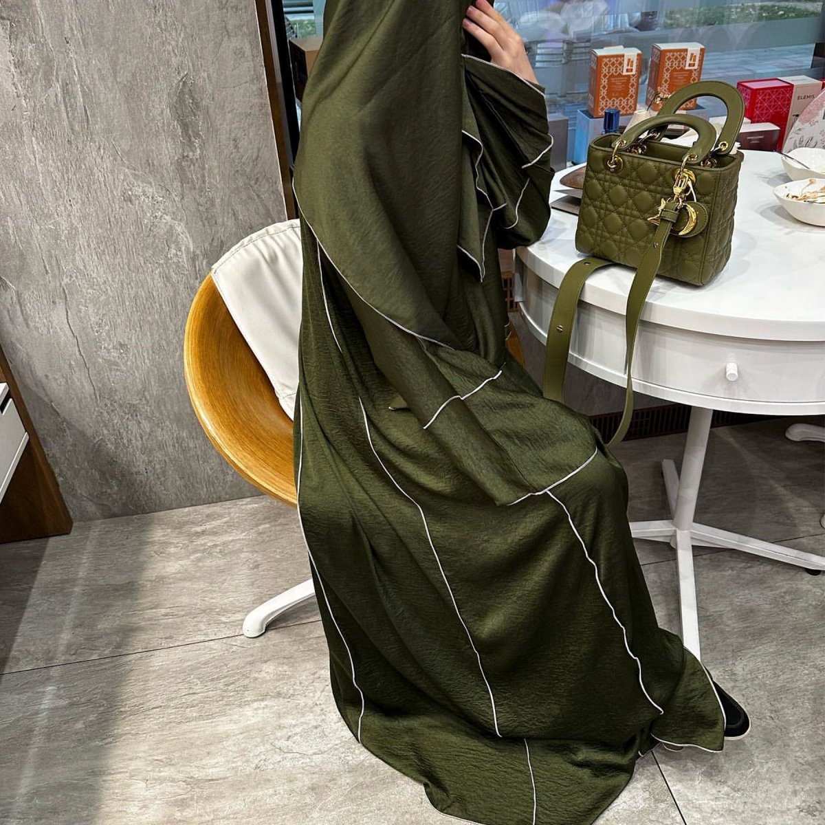 Solid Color Hooded Cardigan & Inner Dress Set - Modest Muslim Abaya Outfit with White Trim Detail(MOA209) - Mariam's Collection